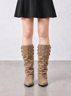 Buksta Triple Buckle Knee-High Boots – Suede Pointed Toe Women Autumn Winter Flat Knee Boots