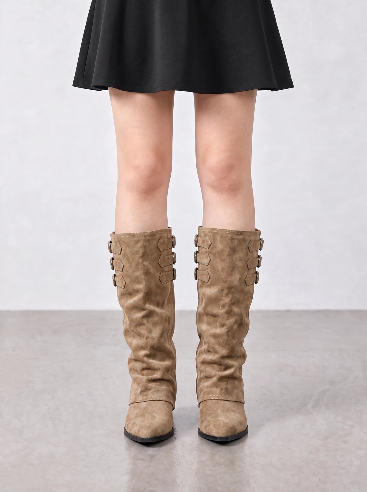Buksta Triple Buckle Knee-High Boots – Suede Pointed Toe Women Autumn Winter Flat Knee Boots