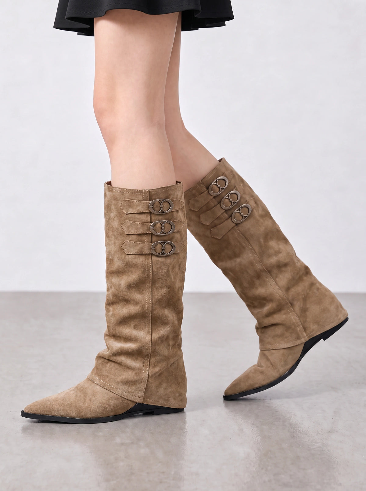 Buksta Triple Buckle Knee-High Boots – Suede Pointed Toe Women Autumn Winter Flat Knee Boots