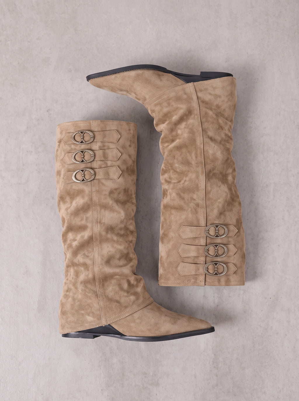 Buksta Triple Buckle Knee-High Boots – Suede Pointed Toe Women Autumn Winter Flat Knee Boots