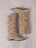 Buksta Triple Buckle Knee-High Boots – Suede Pointed Toe Women Autumn Winter Flat Knee Boots