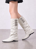 Buksta Triple Buckle Knee-High Boots – Suede Pointed Toe Women Autumn Winter Flat Knee Boots