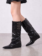 Buksta Triple Buckle Knee-High Boots – Suede Pointed Toe Women Autumn Winter Flat Knee Boots