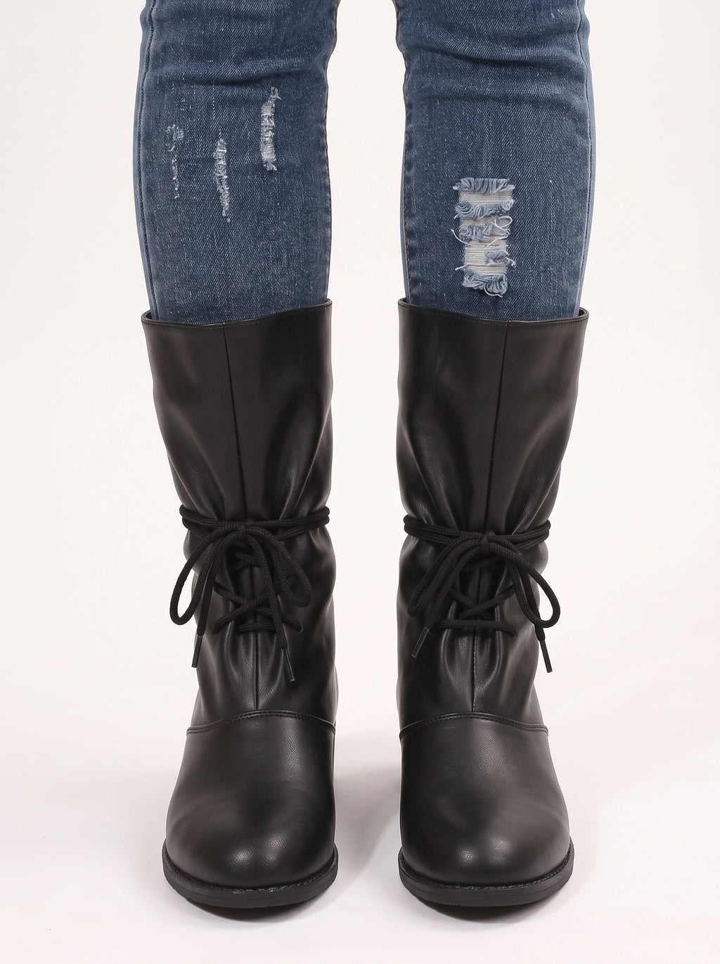 Slurux Lace-Up Mid-Calf Boots – Women Leather Chunky Heel Western Riding Lace Up Boots