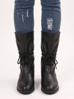 Slurux Lace-Up Mid-Calf Boots – Women Leather Chunky Heel Western Riding Lace Up Boots
