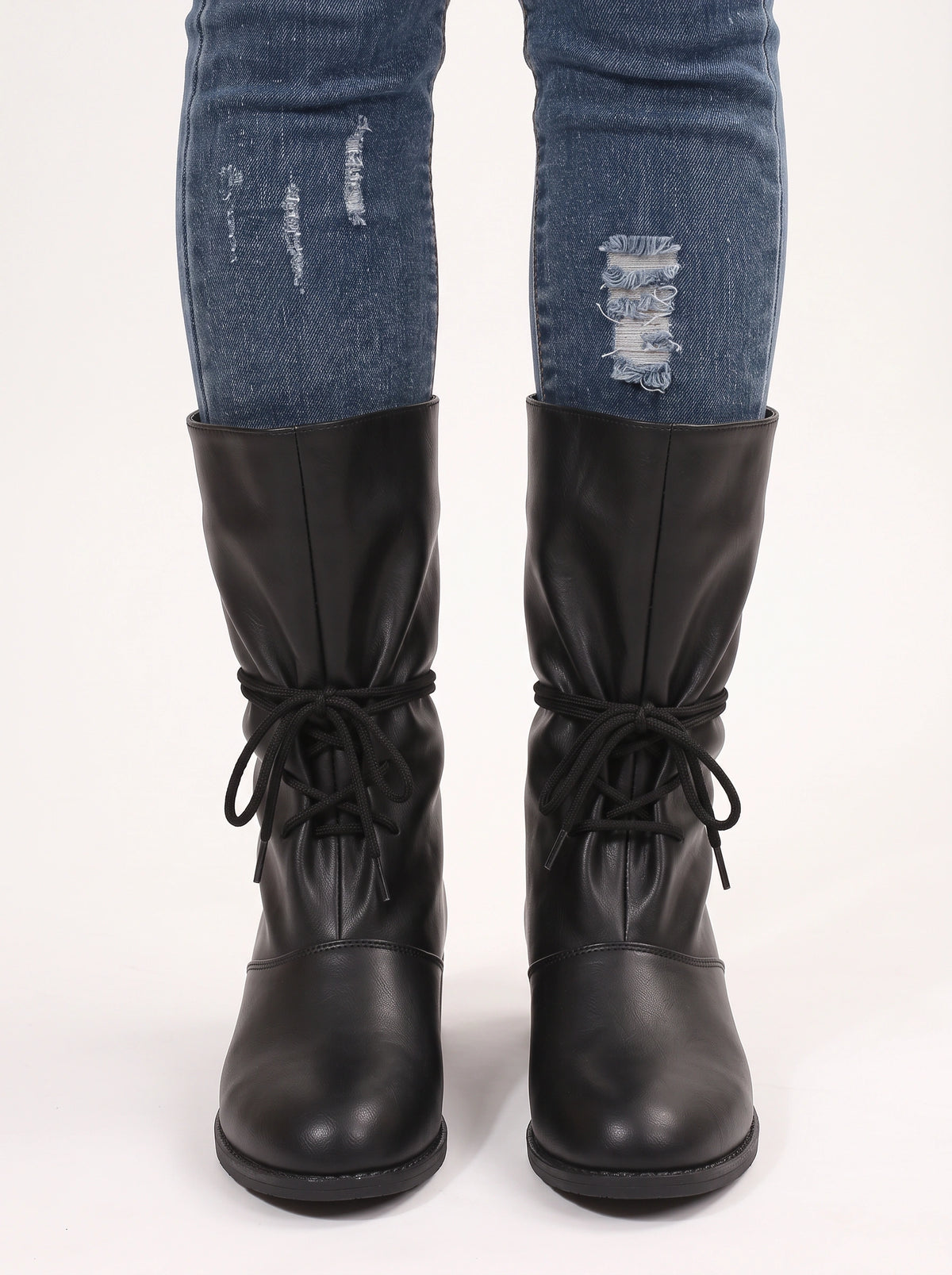 Slurux Lace-Up Mid-Calf Boots – Women Leather Chunky Heel Western Riding Lace Up Boots