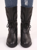 Slurux Lace-Up Mid-Calf Boots – Women Leather Chunky Heel Western Riding Lace Up Boots