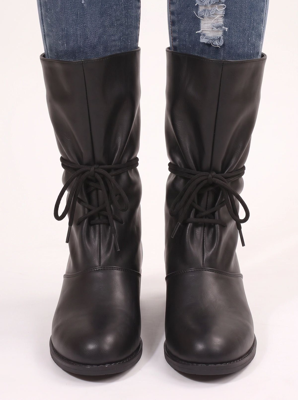 Slurux Lace-Up Mid-Calf Boots – Women Leather Chunky Heel Western Riding Lace Up Boots