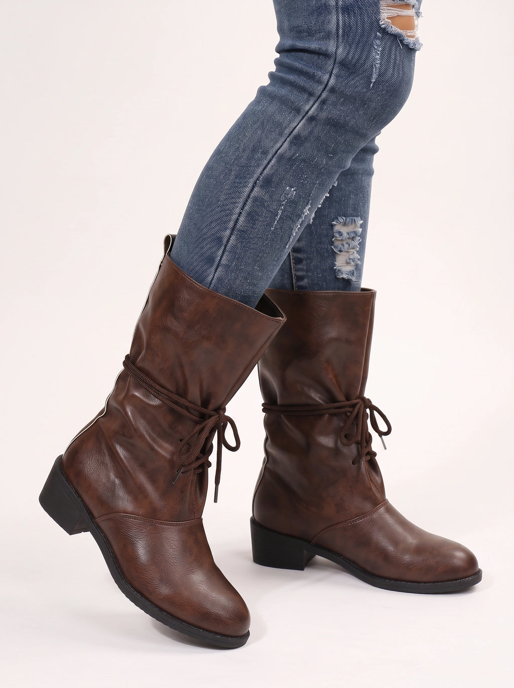 Slurux Lace-Up Mid-Calf Boots – Women Leather Chunky Heel Western Riding Lace Up Boots