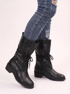Slurux Lace-Up Mid-Calf Boots – Women Leather Chunky Heel Western Riding Lace Up Boots