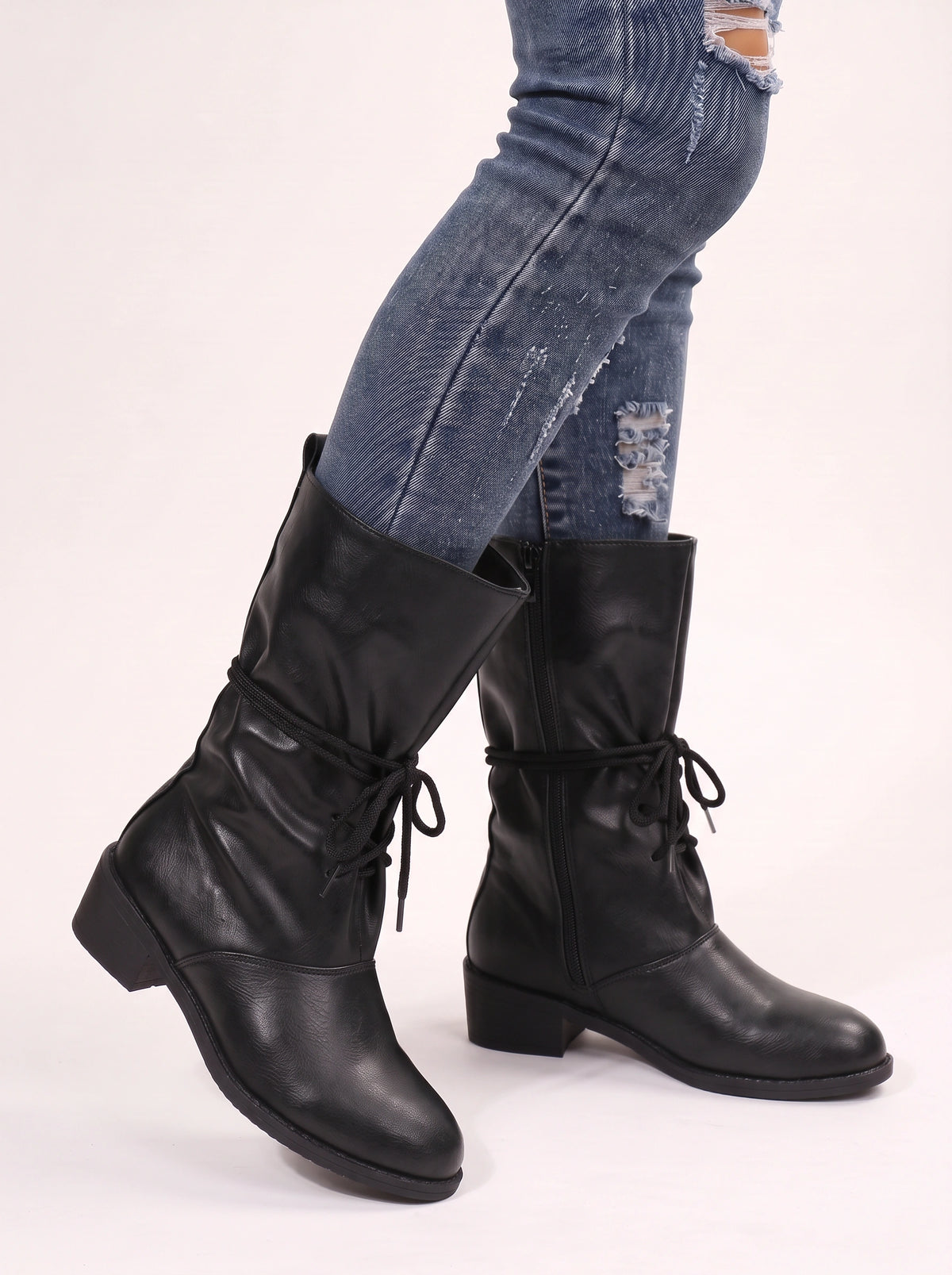 Slurux Lace-Up Mid-Calf Boots – Women Leather Chunky Heel Western Riding Lace Up Boots