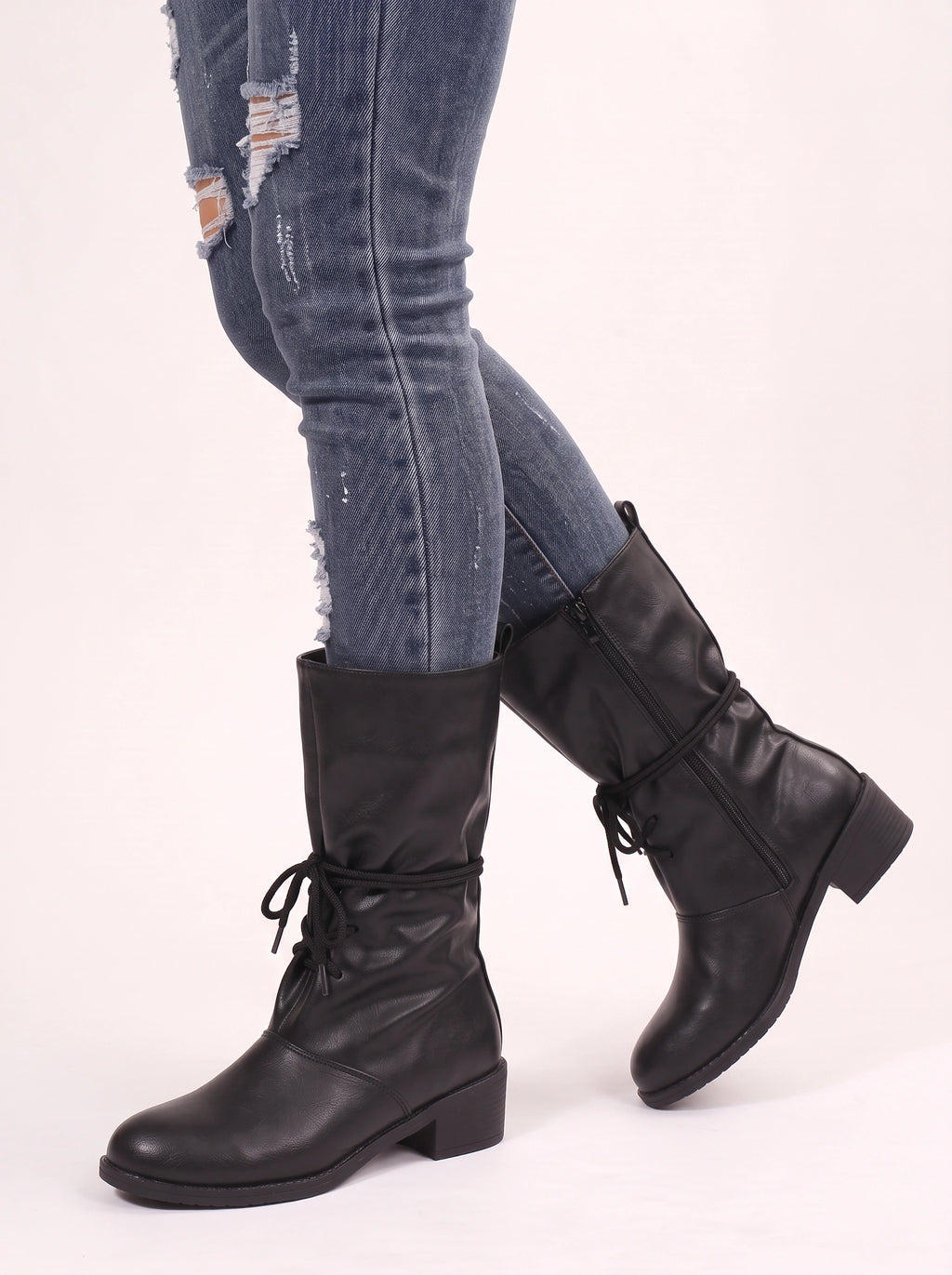 Slurux Lace-Up Mid-Calf Boots – Women Leather Chunky Heel Western Riding Lace Up Boots