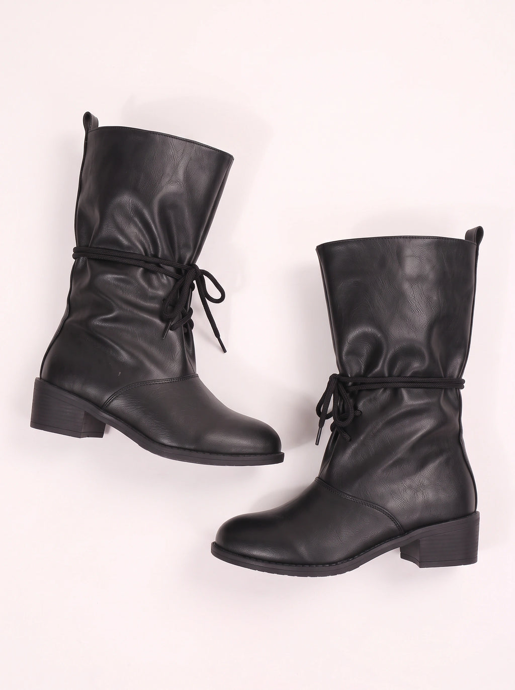 Slurux Lace-Up Mid-Calf Boots – Women Leather Chunky Heel Western Riding Lace Up Boots