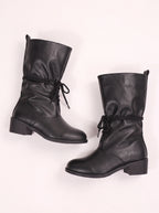 Slurux Lace-Up Mid-Calf Boots – Women Leather Chunky Heel Western Riding Lace Up Boots