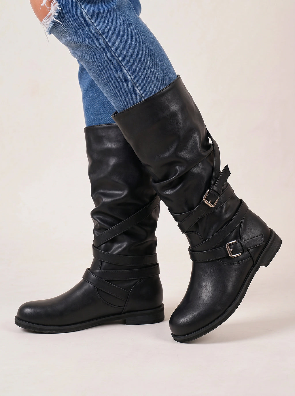Triplux Buckle Strap Knee-High Boots – Women Flat Slouchy Mid-Calf Chunky Biker Boots