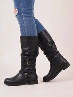 Triplux Buckle Strap Knee-High Boots – Women Flat Slouchy Mid-Calf Chunky Biker Boots