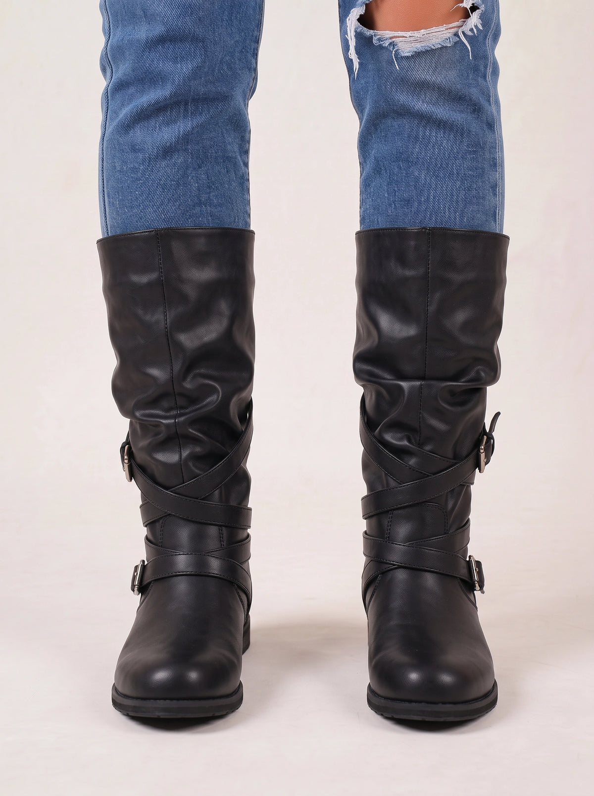 Triplux Buckle Strap Knee-High Boots – Women Flat Slouchy Mid-Calf Chunky Biker Boots