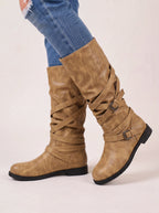 Triplux Buckle Strap Knee-High Boots – Women Flat Slouchy Mid-Calf Chunky Biker Boots