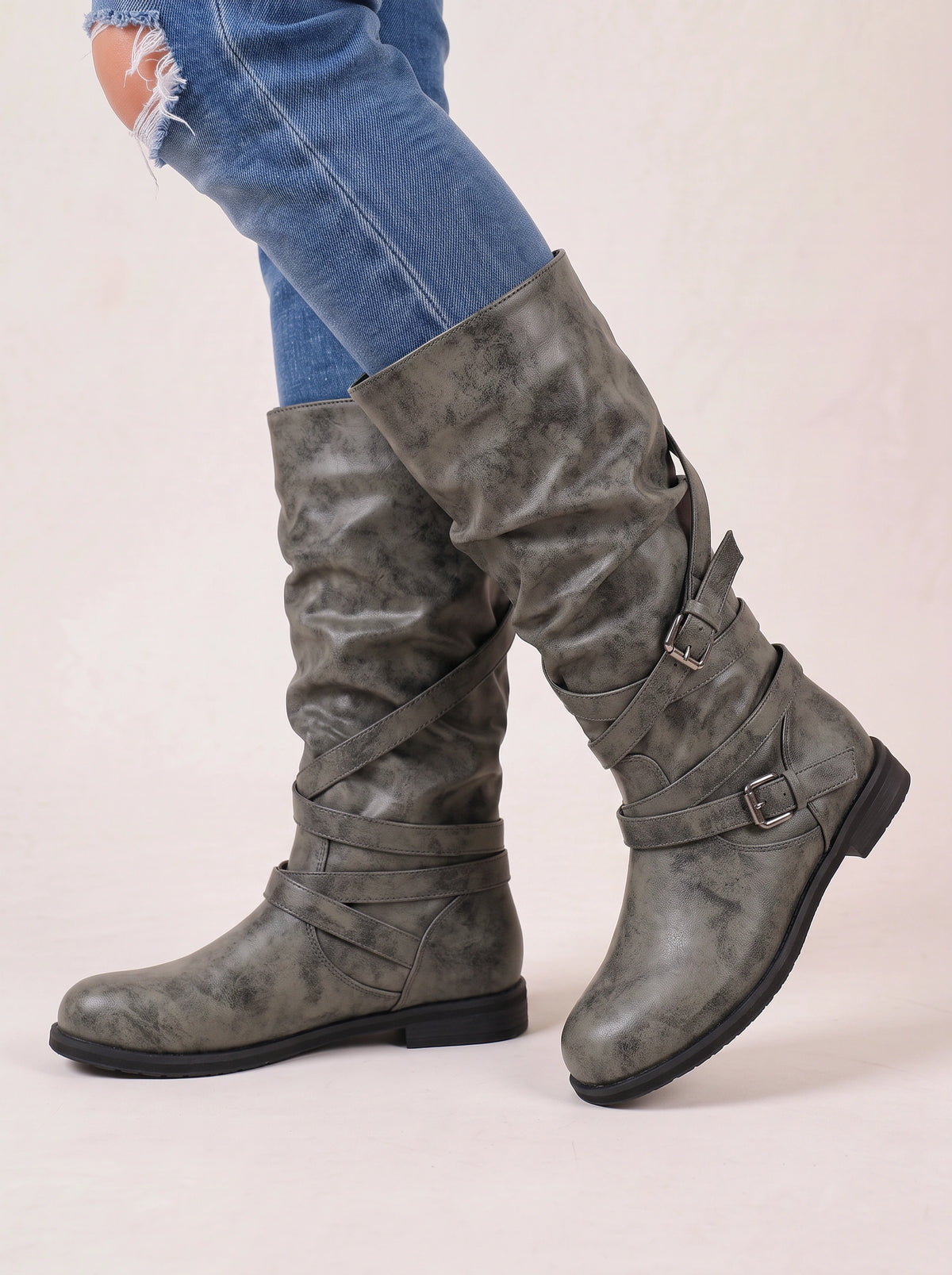 Triplux Buckle Strap Knee-High Boots – Women Flat Slouchy Mid-Calf Chunky Biker Boots