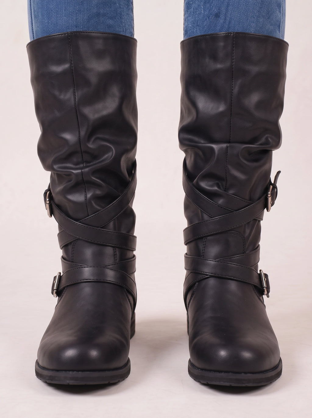 Triplux Buckle Strap Knee-High Boots – Women Flat Slouchy Mid-Calf Chunky Biker Boots