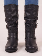 Triplux Buckle Strap Knee-High Boots – Women Flat Slouchy Mid-Calf Chunky Biker Boots