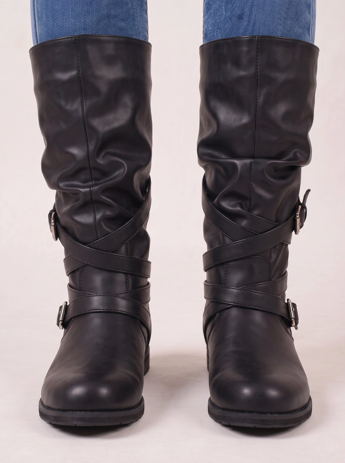 Triplux Buckle Strap Knee-High Boots – Women Flat Slouchy Mid-Calf Chunky Biker Boots