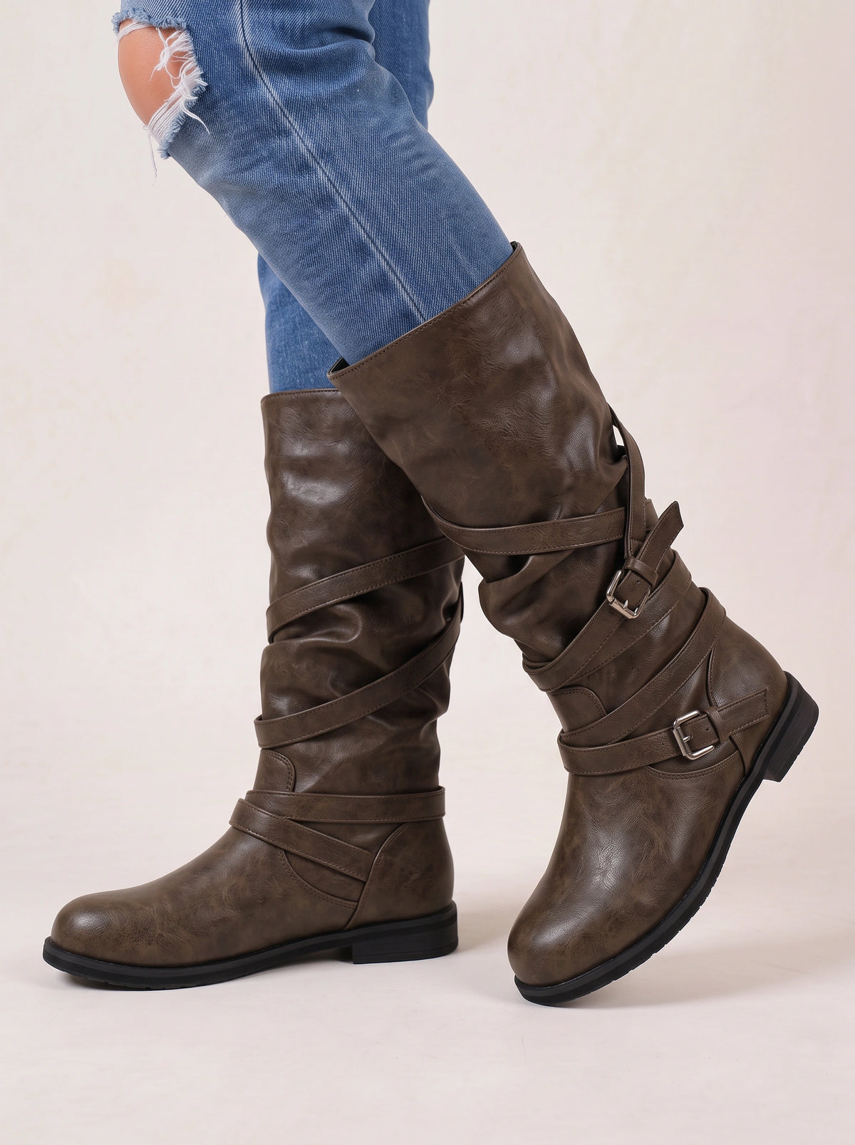 Triplux Buckle Strap Knee-High Boots – Women Flat Slouchy Mid-Calf Chunky Biker Boots