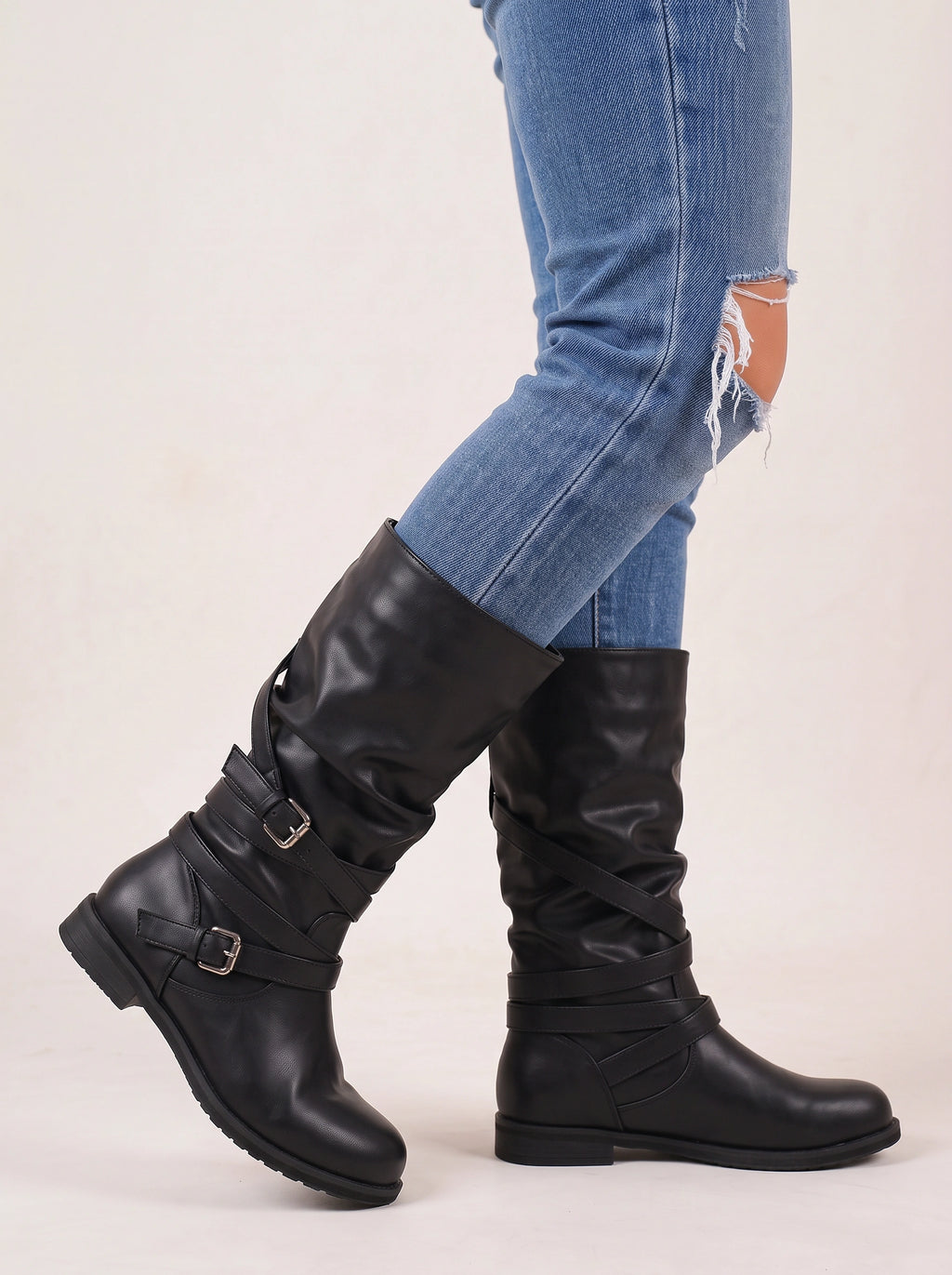 Triplux Buckle Strap Knee-High Boots – Women Flat Slouchy Mid-Calf Chunky Biker Boots