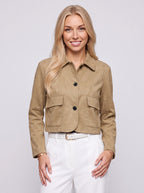 Patchette Cropped Suede Jacket – Suede Short Jacket Women Autumn Workwear Casual Button Front Cropped Jacket