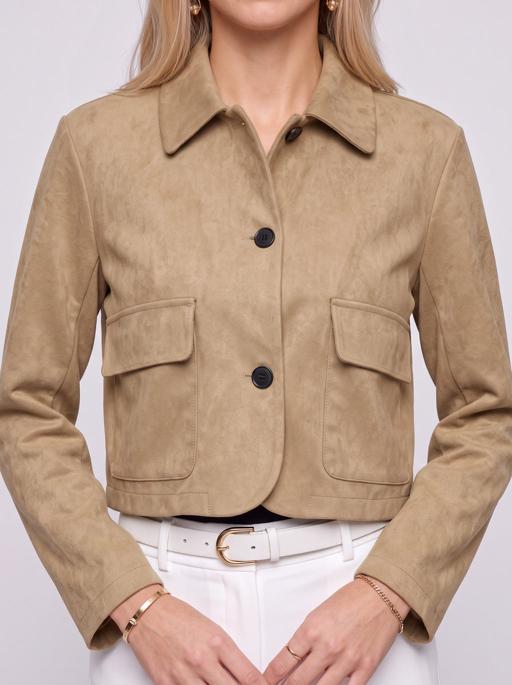 Patchette Cropped Suede Jacket – Suede Short Jacket Women Autumn Workwear Casual Button Front Cropped Jacket
