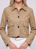 Patchette Cropped Suede Jacket – Suede Short Jacket Women Autumn Workwear Casual Button Front Cropped Jacket