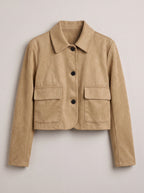 Patchette Cropped Suede Jacket – Suede Short Jacket Women Autumn Workwear Casual Button Front Cropped Jacket