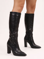 Pointiva Knee-High Heel Boots – Leather Knee High Boots Women Pointed Toe Wide Calf High Heel Boots