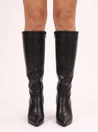 Pointiva Knee-High Heel Boots – Leather Knee High Boots Women Pointed Toe Wide Calf High Heel Boots