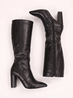 Pointiva Knee-High Heel Boots – Leather Knee High Boots Women Pointed Toe Wide Calf High Heel Boots