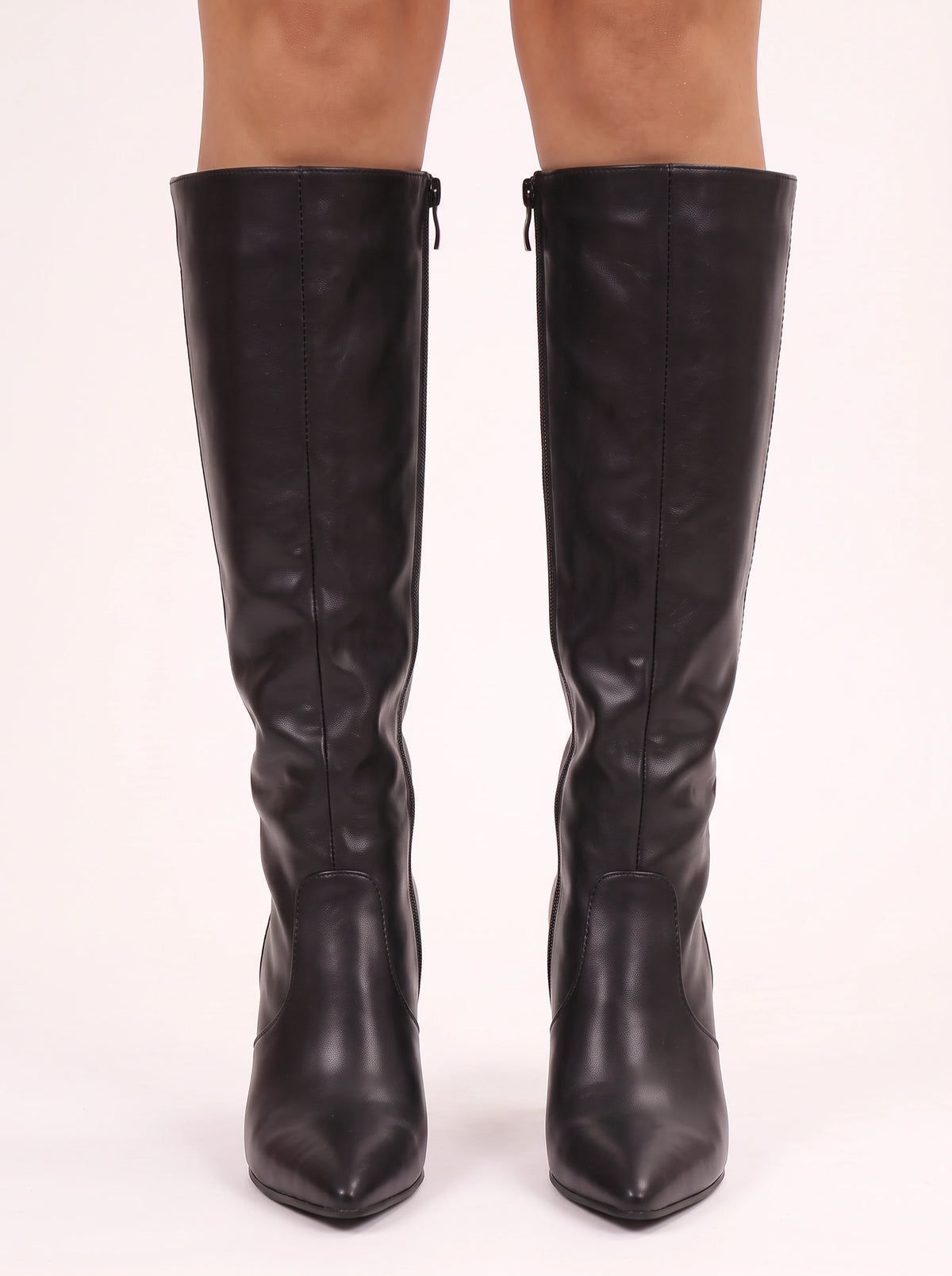 Pointiva Knee-High Heel Boots – Leather Knee High Boots Women Pointed Toe Wide Calf High Heel Boots