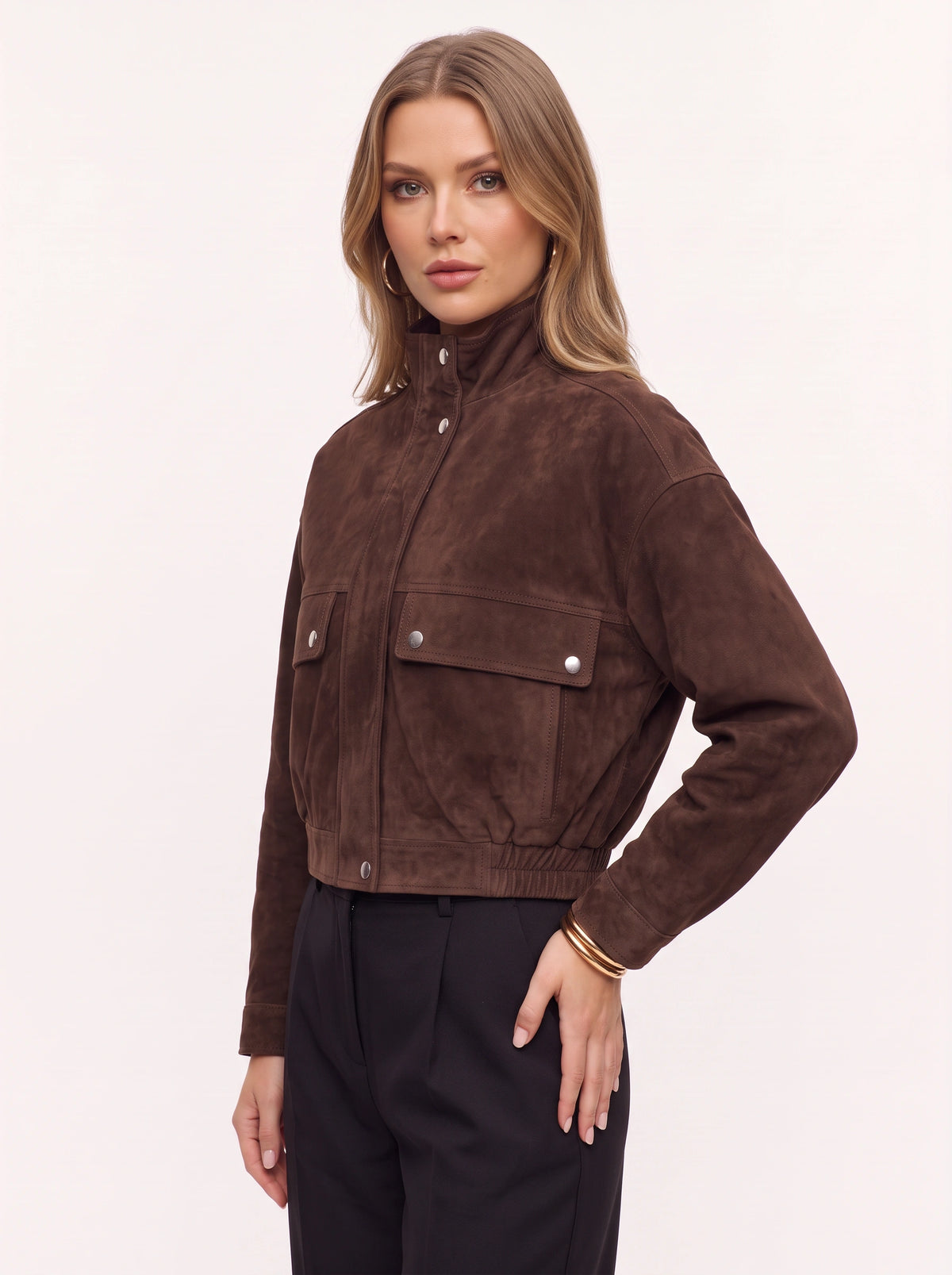 Snapette Oversized Cropped Bomber Jacket – Suede Oversized Cropped Women Casual Autumn Winter Streetwear Bomber Jacket