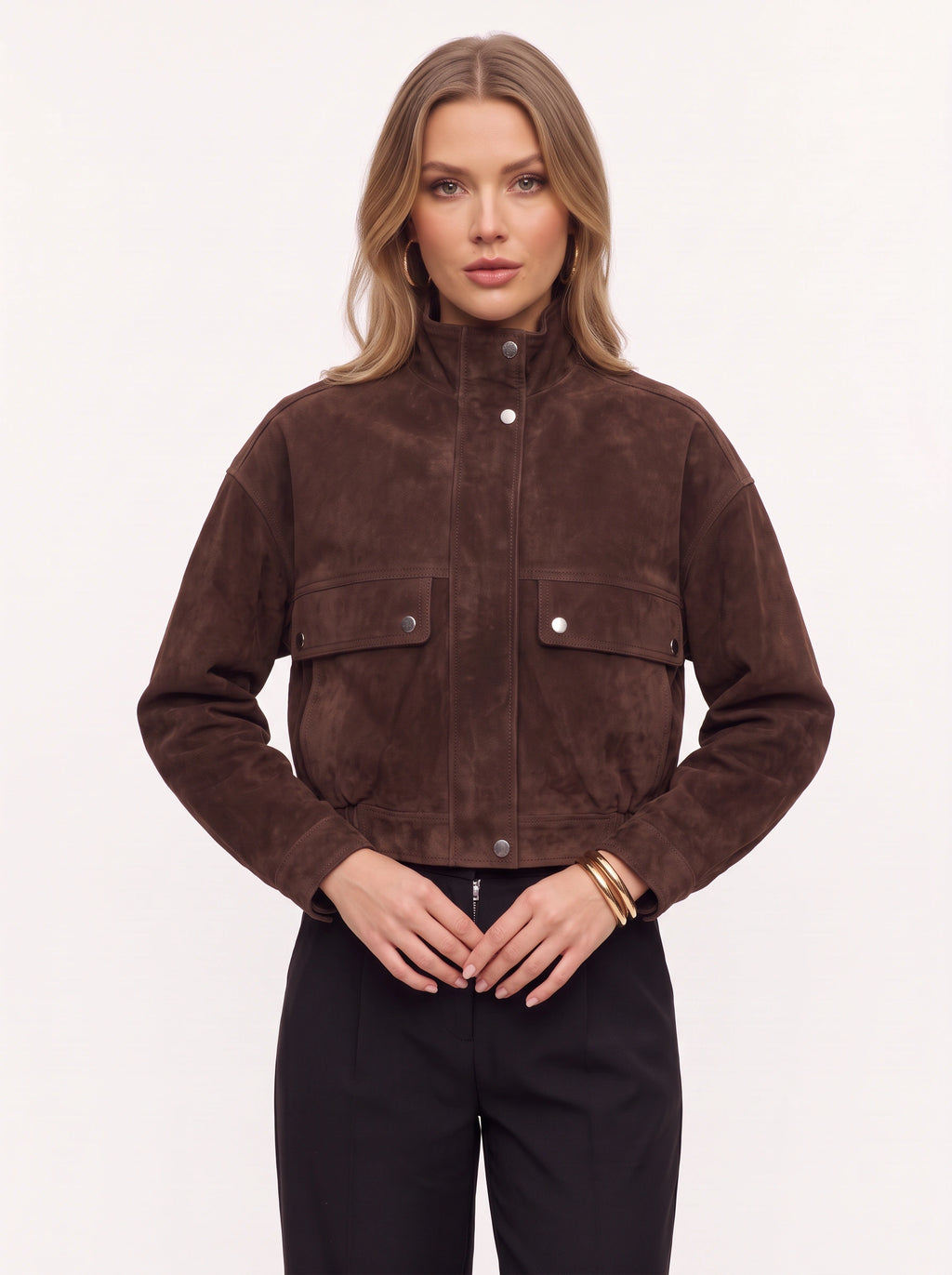 Snapette Oversized Cropped Bomber Jacket – Suede Oversized Cropped Women Casual Autumn Winter Streetwear Bomber Jacket