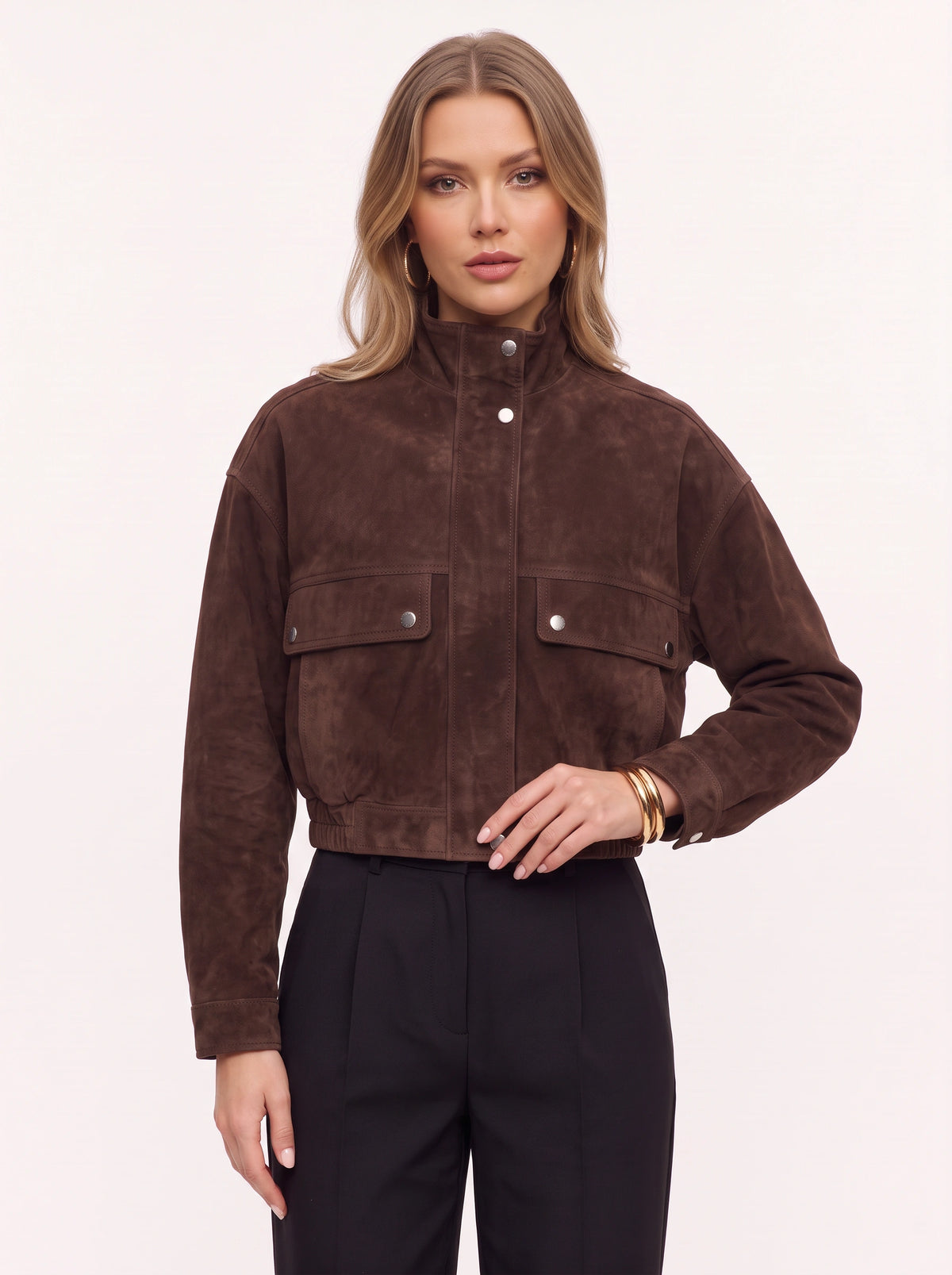 Snapette Oversized Cropped Bomber Jacket – Suede Oversized Cropped Women Casual Autumn Winter Streetwear Bomber Jacket