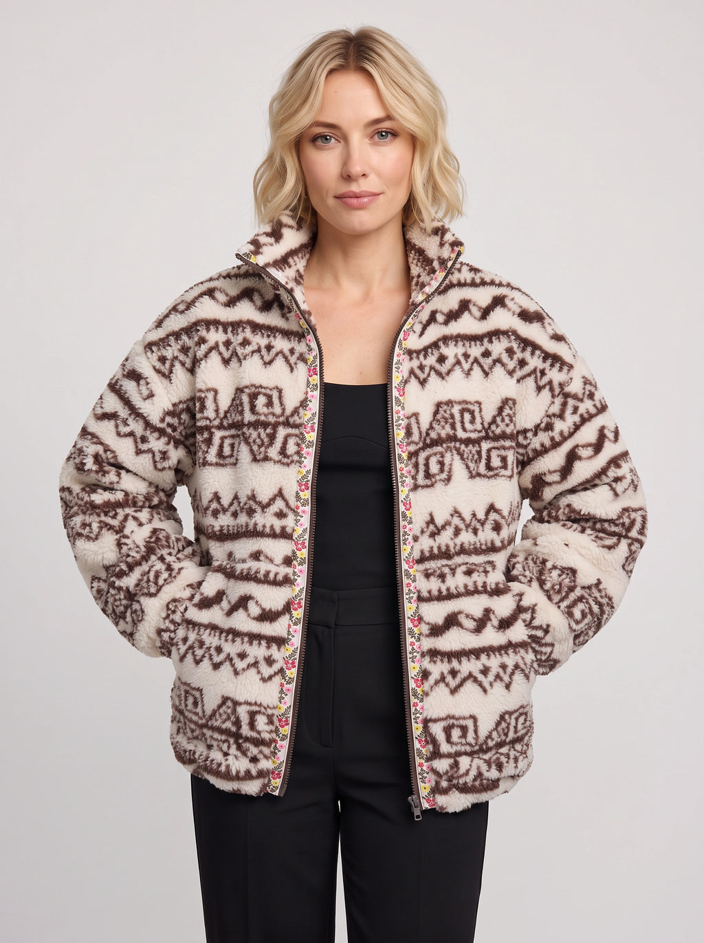 Taprique Patterned Fleece Jacket – Geometric Aztec Print Funnel Neck Zip-Up Women Oversized Sherpa Jacket