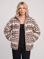 Taprique Patterned Fleece Jacket – Geometric Aztec Print Funnel Neck Zip-Up Women Oversized Sherpa Jacket