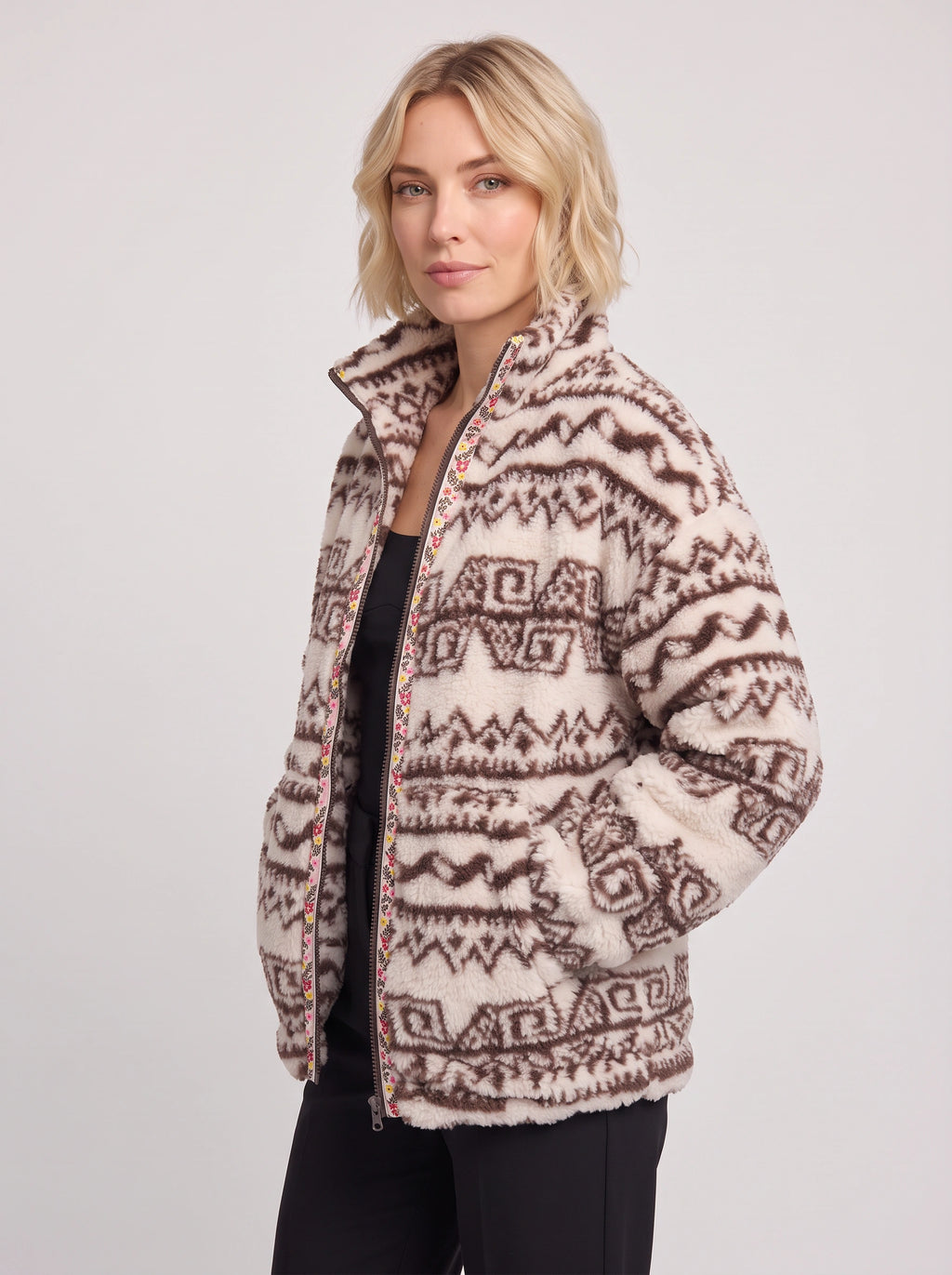 Taprique Patterned Fleece Jacket – Geometric Aztec Print Funnel Neck Zip-Up Women Oversized Sherpa Jacket