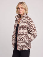 Taprique Patterned Fleece Jacket – Geometric Aztec Print Funnel Neck Zip-Up Women Oversized Sherpa Jacket