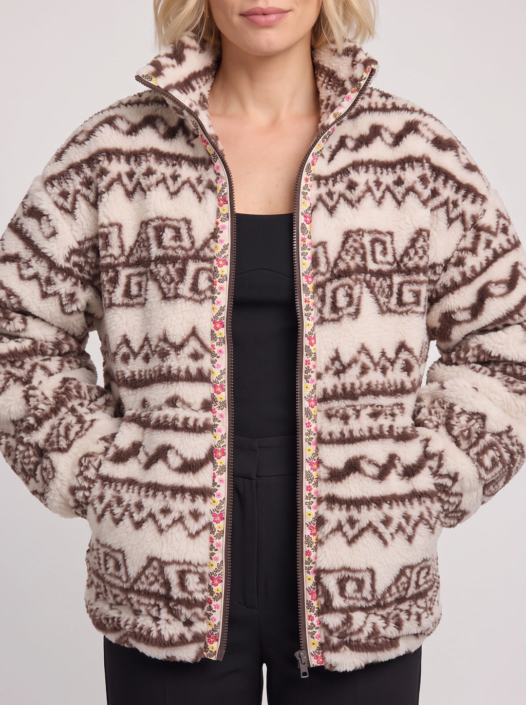 Taprique Patterned Fleece Jacket – Geometric Aztec Print Funnel Neck Zip-Up Women Oversized Sherpa Jacket