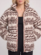Taprique Patterned Fleece Jacket – Geometric Aztec Print Funnel Neck Zip-Up Women Oversized Sherpa Jacket