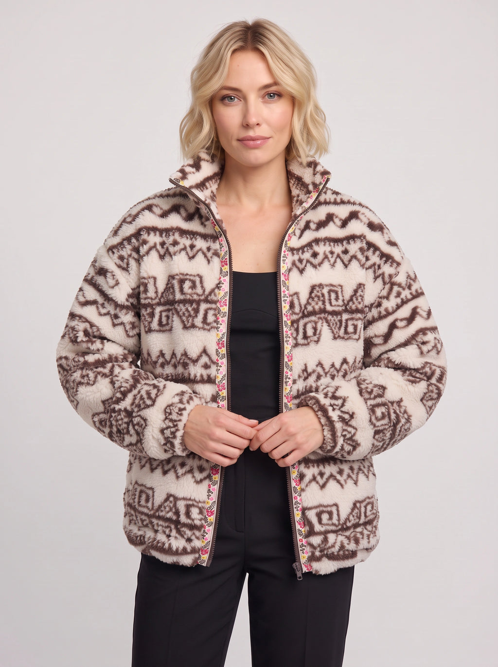 Taprique Patterned Fleece Jacket – Geometric Aztec Print Funnel Neck Zip-Up Women Oversized Sherpa Jacket