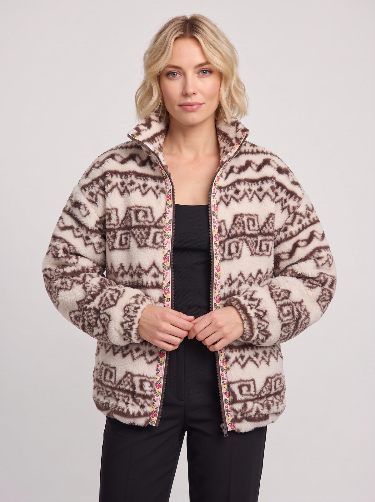 Taprique Patterned Fleece Jacket – Geometric Aztec Print Funnel Neck Zip-Up Women Oversized Sherpa Jacket