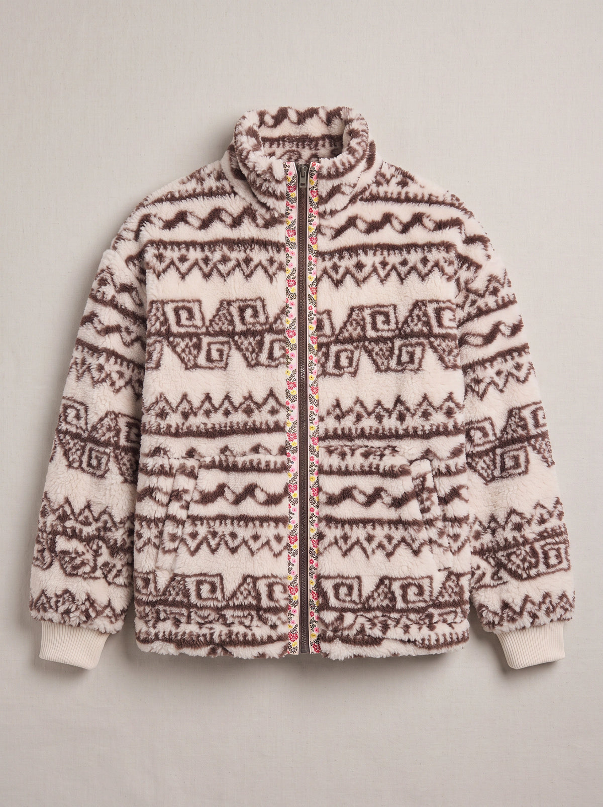 Taprique Patterned Fleece Jacket – Geometric Aztec Print Funnel Neck Zip-Up Women Oversized Sherpa Jacket