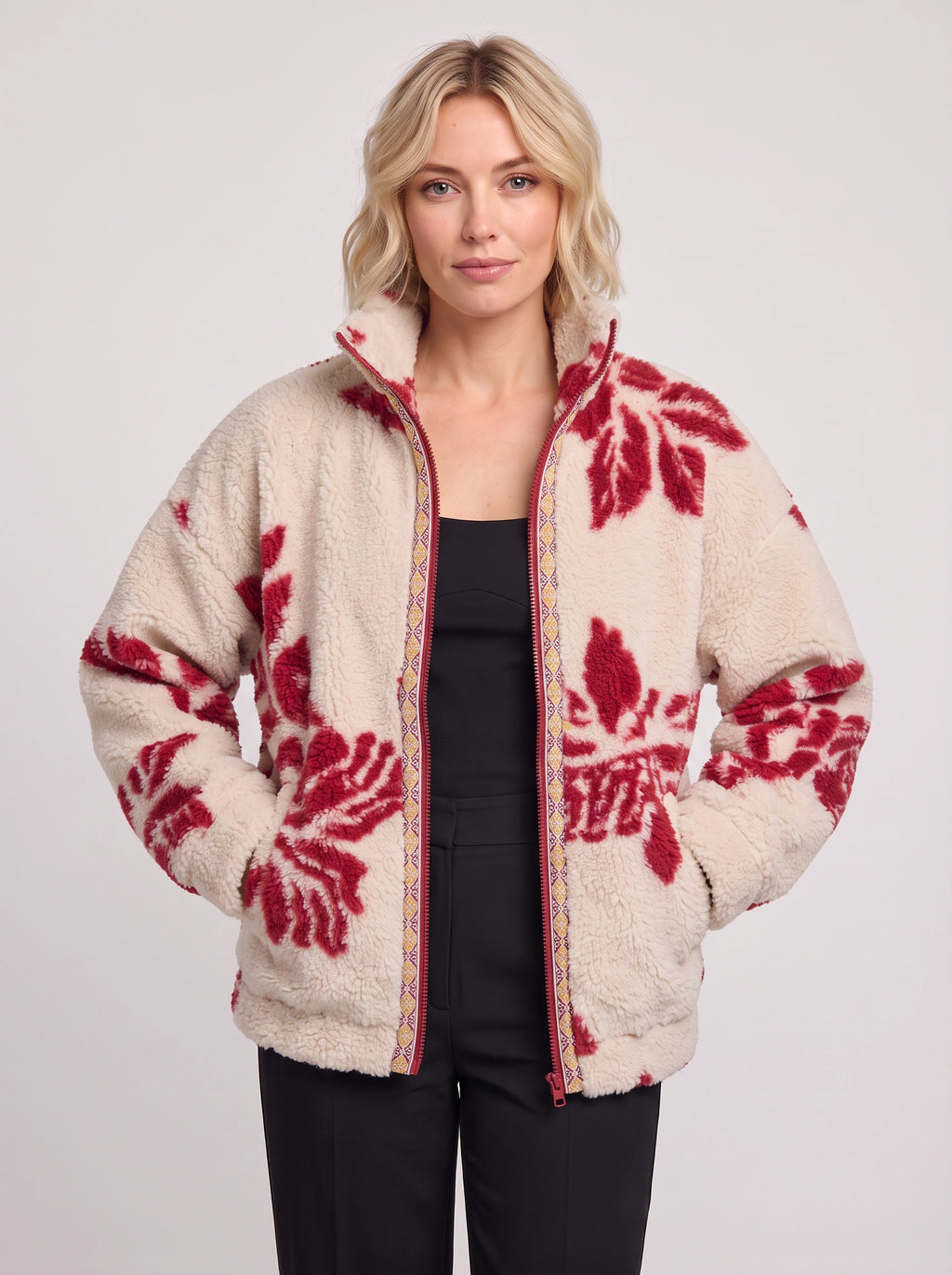 Taprique Patterned Fleece Jacket – Geometric Aztec Print Funnel Neck Zip-Up Women Oversized Sherpa Jacket