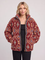 Taprique Patterned Fleece Jacket – Geometric Aztec Print Funnel Neck Zip-Up Women Oversized Sherpa Jacket